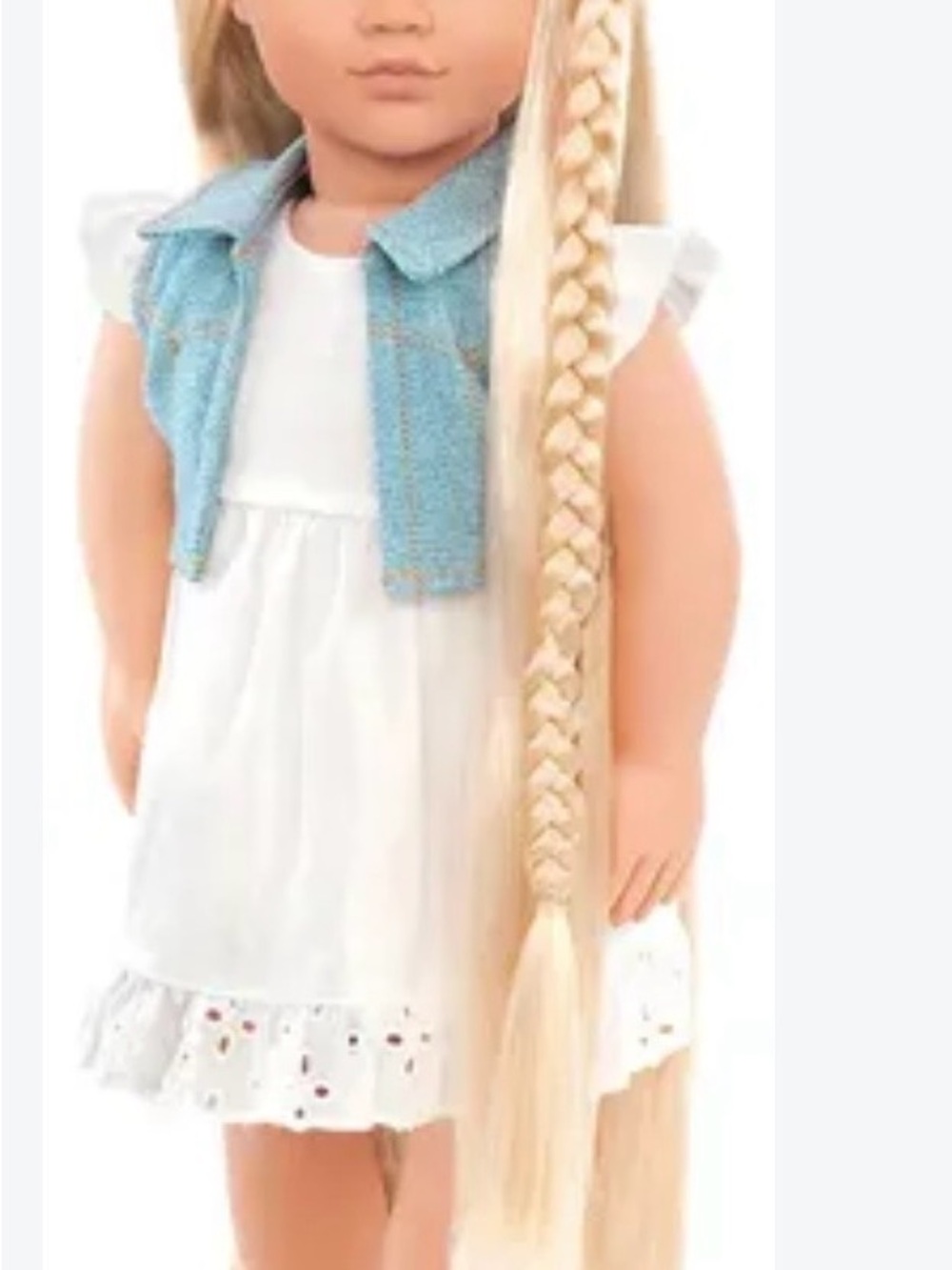 Our Generation White Dress with Light Blue Vest Hair